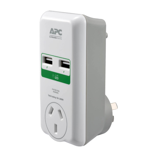 APC Essential SurgeArrest 1 Outlet Wall Mount with Dual USB Ports (5V/2.4A), 230V Australia Front Left