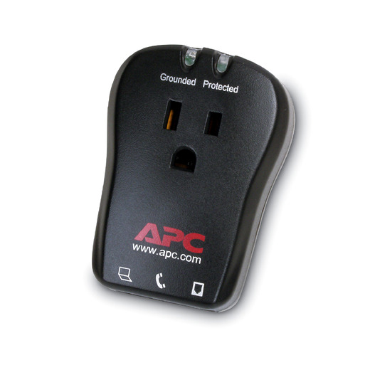 APC single outlet travel surge protector with phone line protection, 120V Front Left