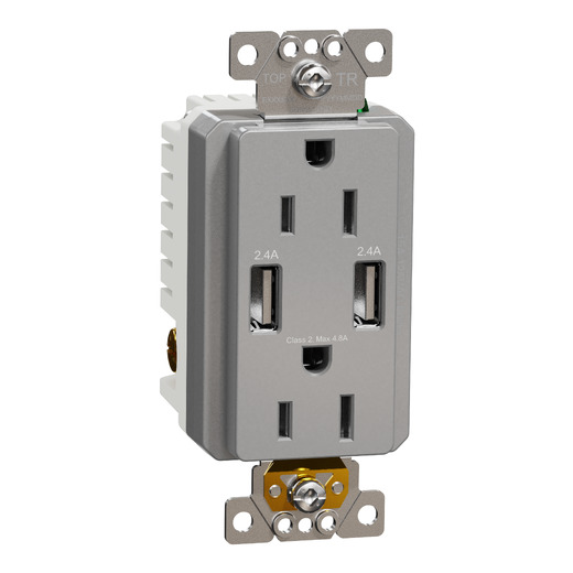 USB charger + socket-outlet, X Series, 15A socket, 4.8A USB A/A, duplex, tamper resistant, gray, matte finish