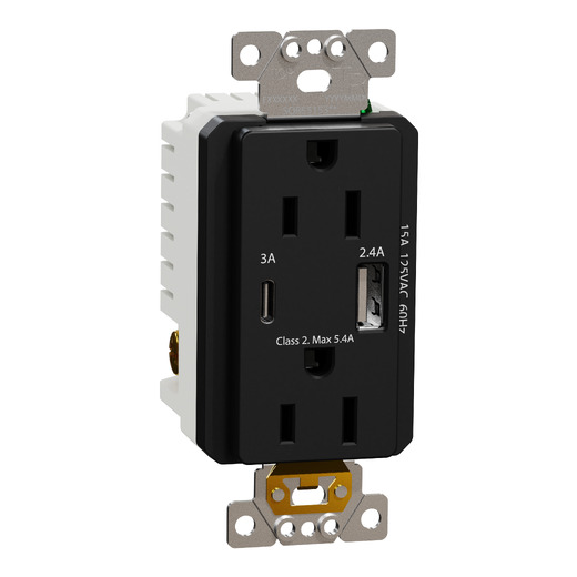 USB charger + socket-outlet, X Series, 15A socket, 5.4A USB A/C, duplex, tamper resistant, black, matte finish
