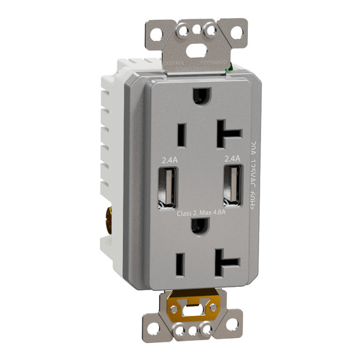 USB charger + socket-outlet, X Series, 20A socket, 4.8A USB A/A, duplex, tamper resistant, gray, matte finish