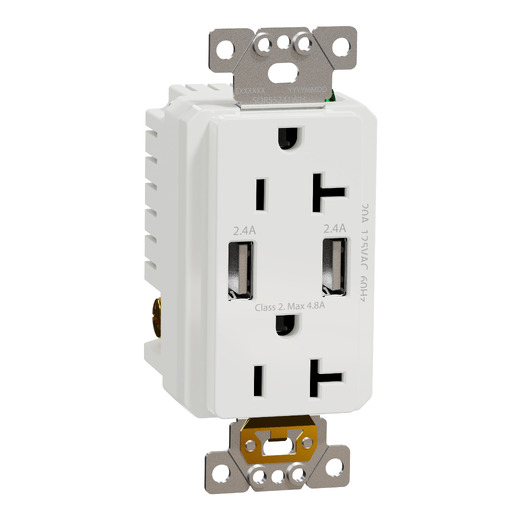 USB charger + socket-outlet, X Series, 20A socket, 4.8A USB A/A, duplex, tamper resistant, white, matte finish